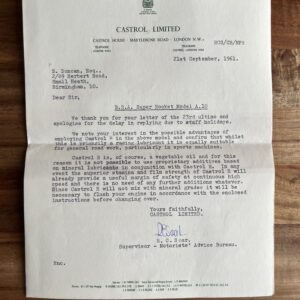 Castrol R Advisory Letter (1961) regarding the BSA Super Rocket (A10)