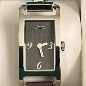 Lacoste Ladies Tank Watch – Dark Dial, Arabic Numerals, Metal Bracelet